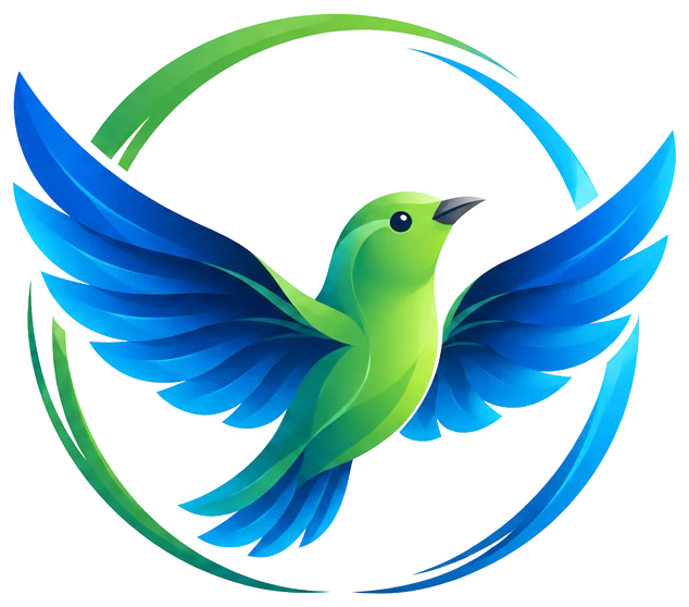 The Tuiara bird, wings open inside a circle of green and blue